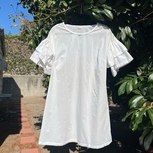 GORMAN white scoop neck ruffle tiered short sleeve pom trim mini dress